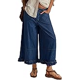 Dqbeng Womens Ruffle Hem Wide Leg Jeans Mid Rise Baggy Cropped Denim Pants with Pockets
