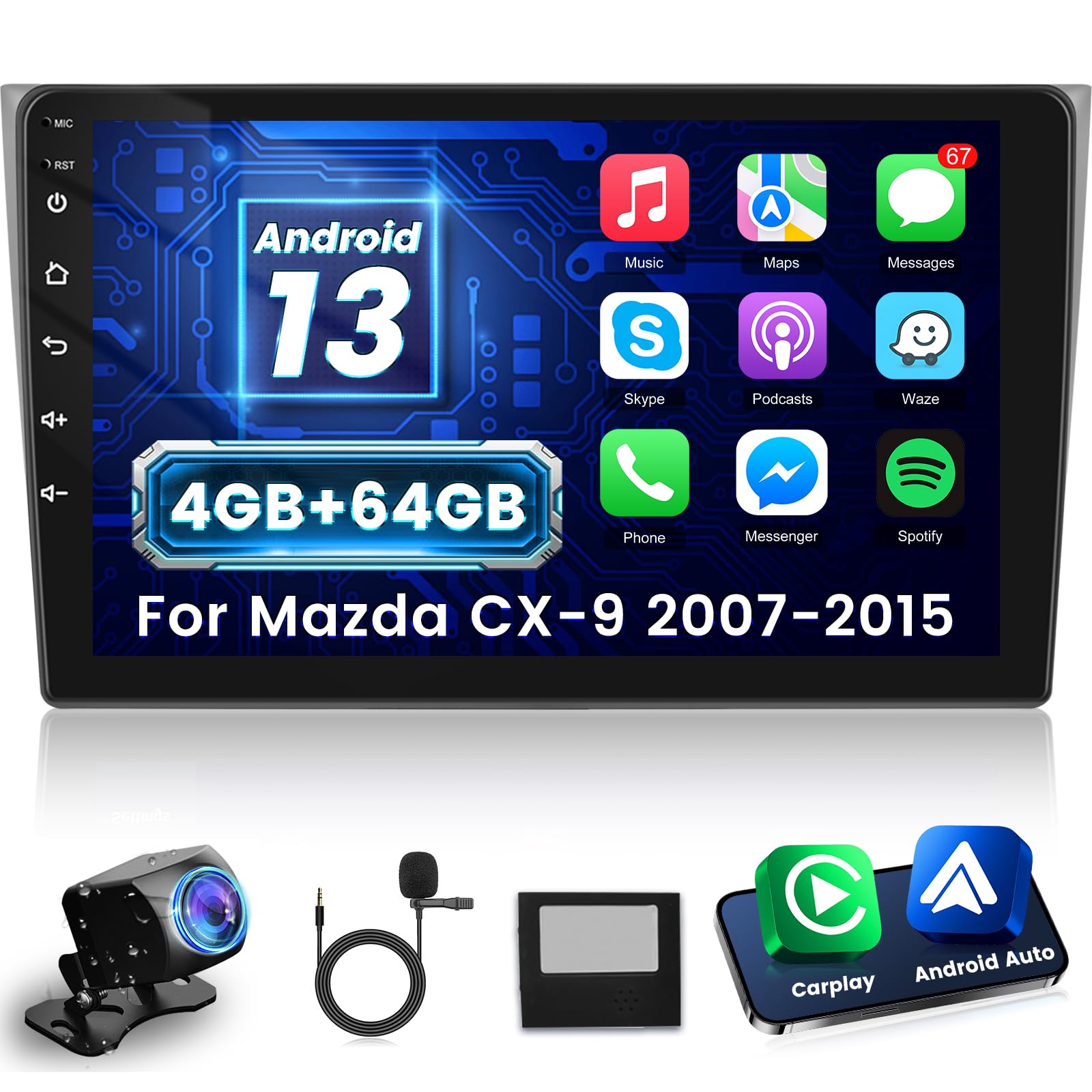 Photo 1 of NHOPEEW [4+64G] for Mazda CX-9 2007-2015 Android Car Radio with Wireless Carplay and Android Auto - 10.1 Inch Touch Screen Car Stereo - 32EQ Audio/WiFi/GPS Navigation/SWC + AHD Backup Camera