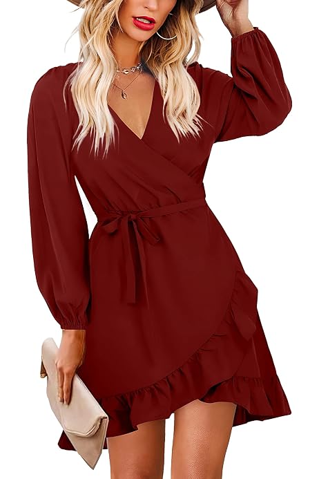 V-Neck Tie Waist Dress with Ruffled Sleeves
