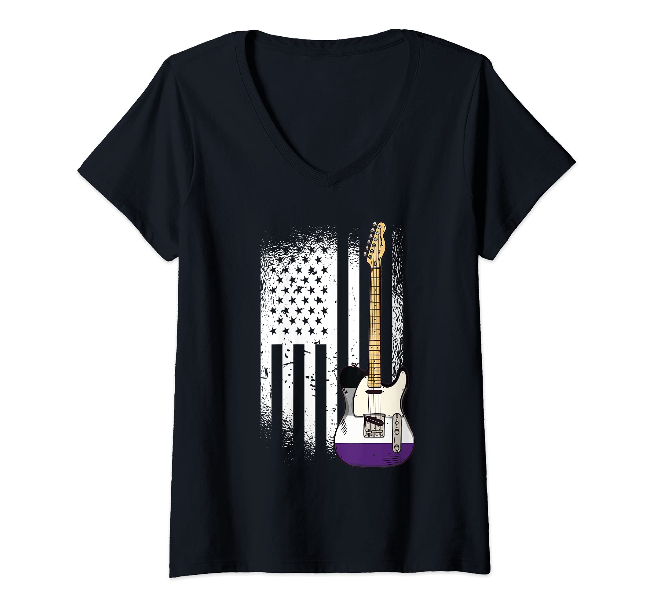 Womens American Flag Guitar Asexual Pride LGBT-Q Guitarist Musician V-Neck T-Shirt
