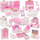 HAPGFS 45 Pcs Dollhouse Furniture Set Accessories Doll House Mini Furniture Pretend Play Bedroom Living Room Bathroom Kitchen for Kids Birthday and Christmas Pink