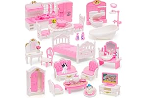 HAPGFS 45 Pcs Dollhouse Furniture Set Accessories Doll House Mini Furniture Pretend Play Bedroom Living Room Bathroom Kitchen for Kids Birthday and Christmas Pink