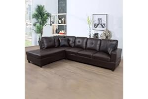 SumKea L-Shaped Sectional Sofa Set 5-Seat Luxurious Faux Leather Couches for Living Room, Left Facing Chaise with Pillows, Space-Saving Design, Brown