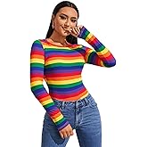 SweatyRocks Women's Casual Long Sleeve Rainbow Striped Slim Fit Tee Shirt Top