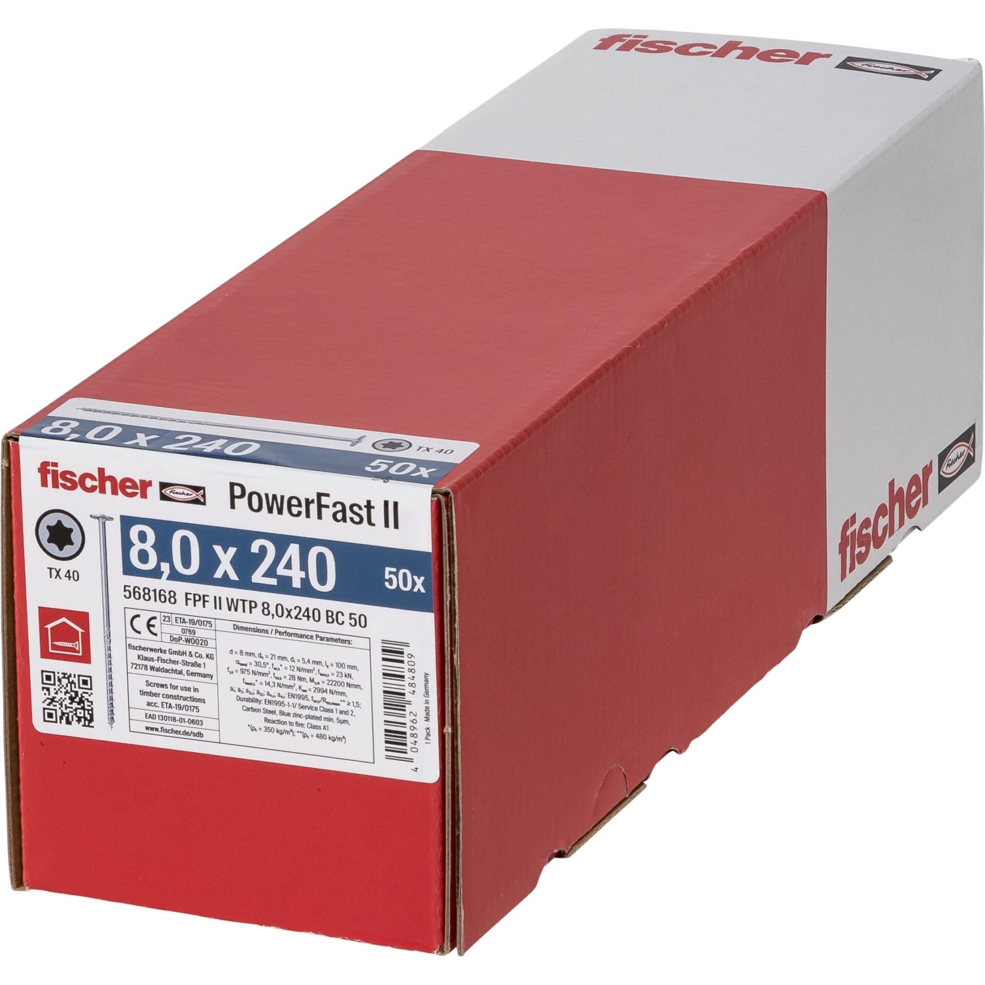 fischer PowerFast II WTP 8.0 x 240, Powerful Wood Screws with Flat Head, Inner Star Receptacle and Partial Thread, for Structural Wood Construction, Pack of 50