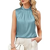 Funlingo Womens Satin Tank Tops Summer Sleeveless Mock Neck Dressy Blouses Pleated Work Shirts Business Casual Outfit
