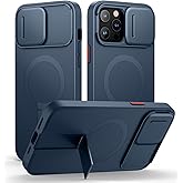 SURITCH for iPhone 13 Pro Max/12 Pro Max Case with Magnetic Camera Slide Cover and Adjustable Kickstand, Compatible with MagSafe, Shockproof Bumper Case Slim Protective Cover 6.7 Inch, Blue