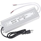 LED Driver 200 Watts Waterproof IP67 Power Supply Transformer Adapter 90V-130V AC to 12V DC Low Voltage Output with 3-Prong Plug 3.3 Feet Cable for LED Light, Computer Project, Outdoor Light