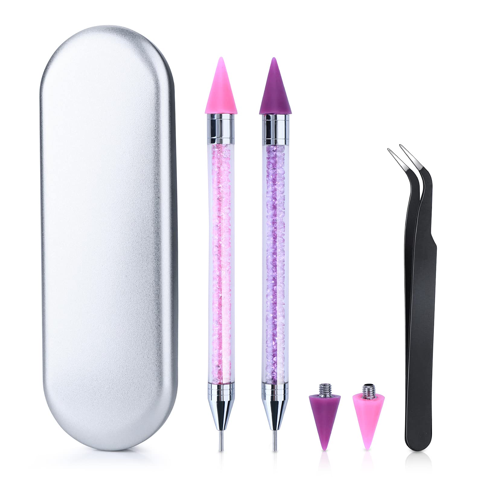 Nail Art Rhinestone Picker Tool Kit - Dual Ended Wax Pen with 2 Extra Tips & Tweezer for Gems, Crystals | Professional Nail Design Set for DIY Manicure, Craft