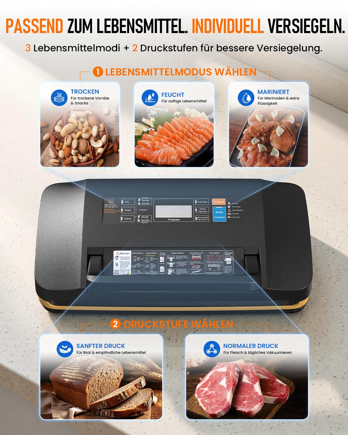 AbleMark Vakuumiergerät für Lebensmittel, 95 kPa Profi Vakuumierer 18-in-1, doppelte Schweißnaht, Folienschweißgerät & Einschweißgerät mit Cutter, Rollenfach, Trocken-/Feucht-Modus für Sous Vide 7
