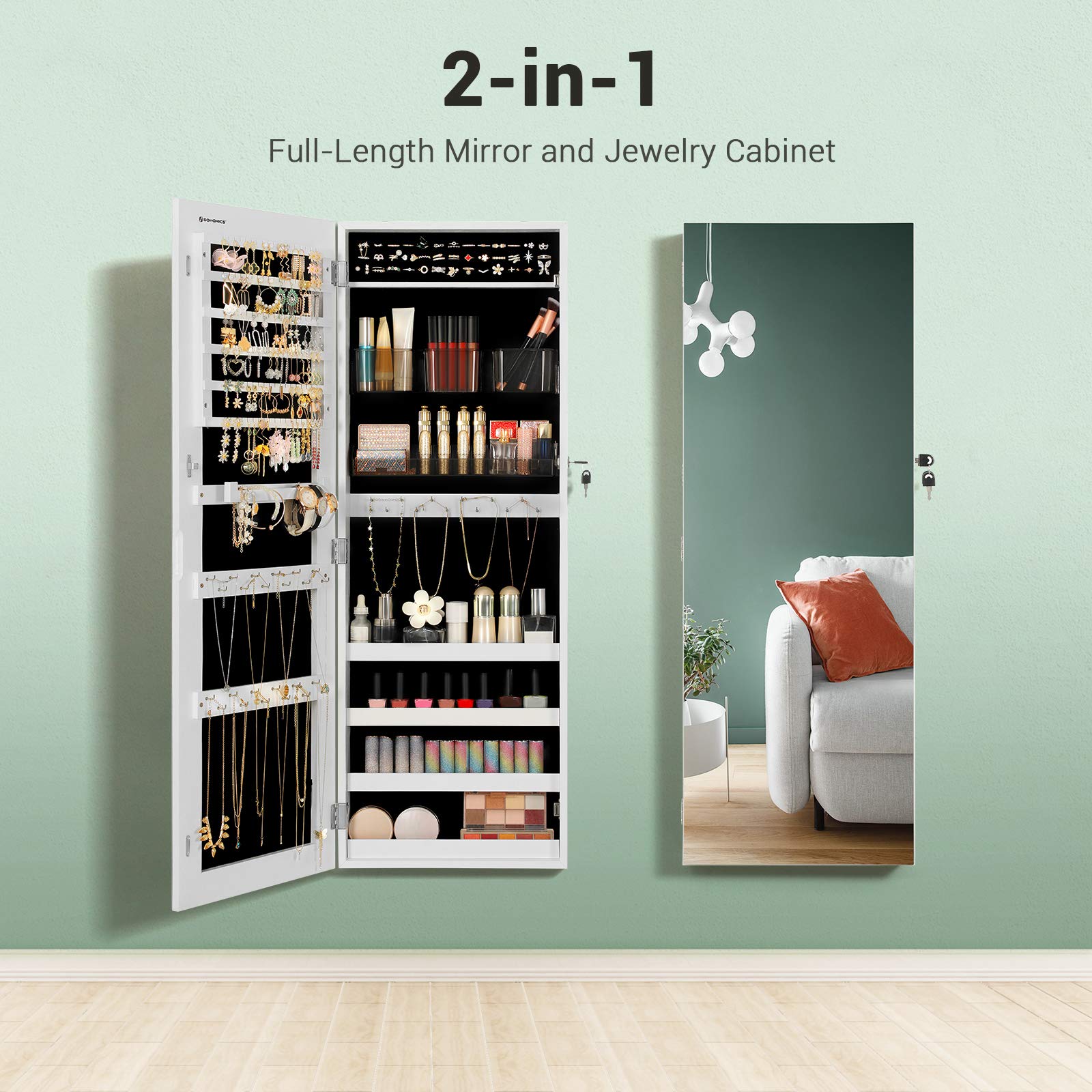SONGMICS Jewelry Cabinet Armoire, Lockable Wall-Mounted Storage Organizer Unit with 2 Plastic Cosmetic Storage Trays, Full-Length Frameless Mirror, White UJJC001W01