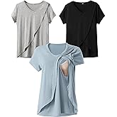 Rnxrbb V Neck Nursing Tops for Breastfeeding Tshirts Summer Postpartum Clothes Sets Short Sleeve 3 Pack Double Layer
