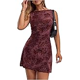 Milumia Women's Floral Ruched Boat Neck Sleeveless Mini Dresses