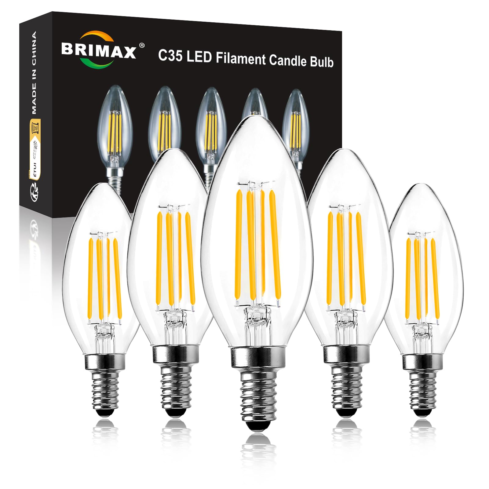 BRIMAX E14 LED Candle Bulbs Dimmable 4W, 40W Equivalent, Soft Warm White 2700K, 400lm, Small Edison Screw SES Chandelier Bulbs, C35 Vintage Filament Energy Saving Candelabra Bulb, 5Pack
