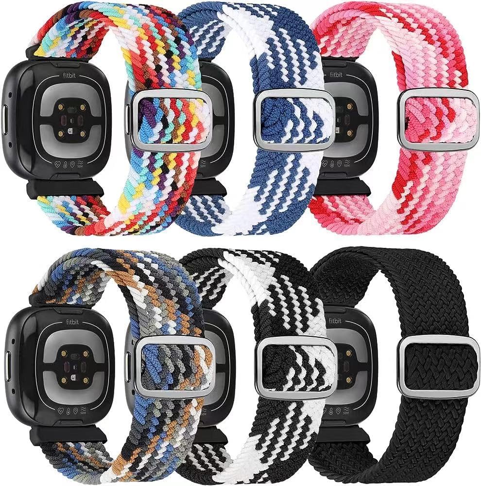 HUYIIO 6-Packs Elastic Nylon Straps Compatible with Firbit Versa 3 / Fitbit Sense Wristband, Adjustable Nylon Replacement Bands Wristband for Women and Men (6 Pack Braided 1)