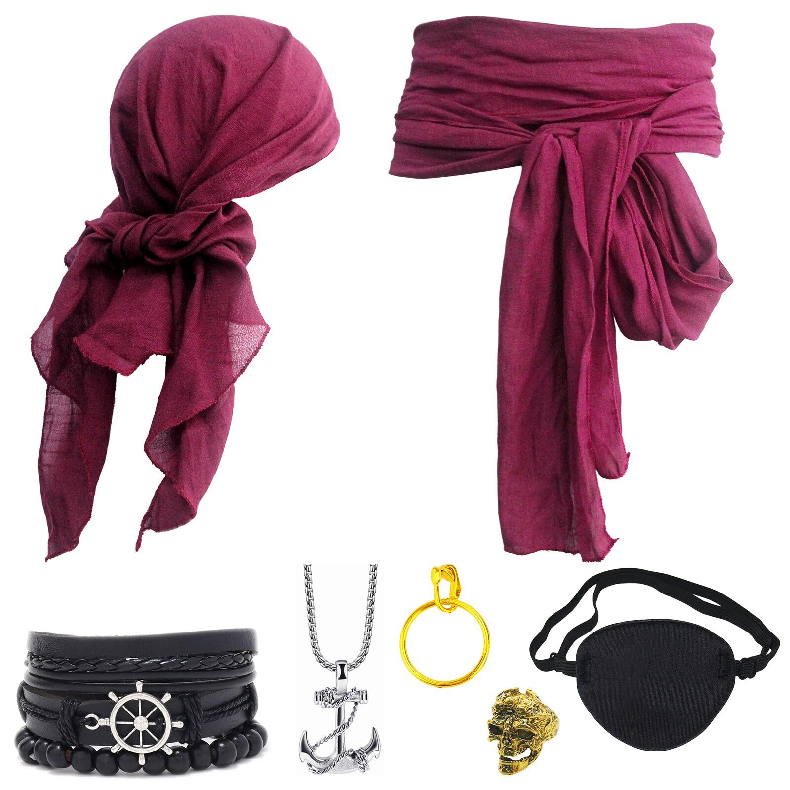Ginkago 7 Pieces Medieval Pirate Costume Accessory Set Women Men Pirate Fancy Dress Accessories Headscarf Eye Patch Earrings Necklace Bracelet Hip Scarf for Halloween Cosplay Party (Wine Red)