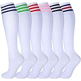 Unittype 6 Pair Knee High Socks, Thigh High Triple Stripe Long Tube Roller Skate Skating Socks Leg Warmer Stocking for Daily Wear, Cosplay, Sports Meet, Holiday Gifts