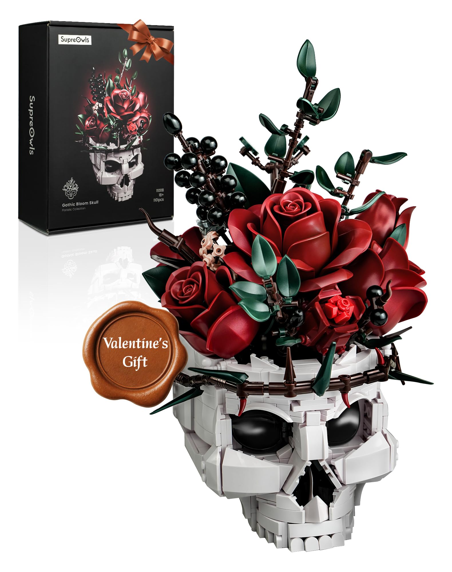 iATOM Skull Roses Flower Bouquet Building Set, Botanical Collection Kit for Adult Women, Gift for Valentines Day for Her/Girlfriend/Mom/Wife/Couple, Goth Horror Skeleton Pot Home Table Decor Aesthetic