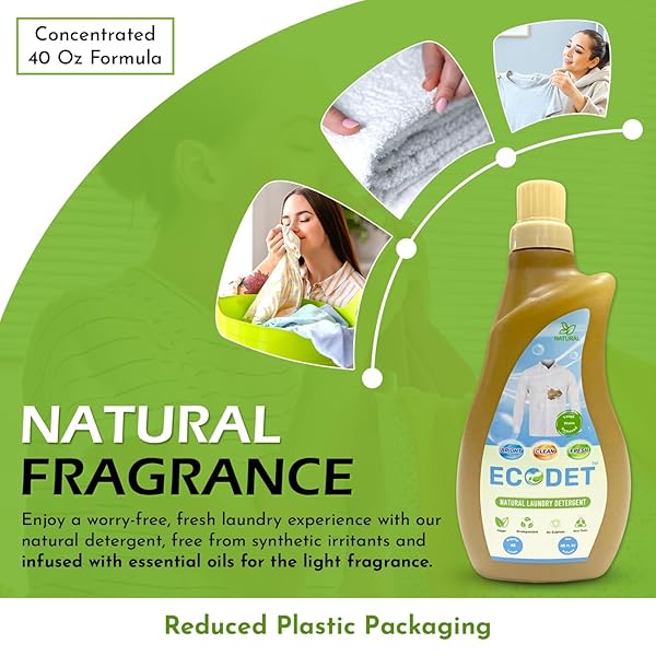 ECODET NATURAL LIQUID LAUNDRY DETERGENT | 40 OZ (PACK OF 1) | PLANT-BASED BIODEGRADABLE FORMULA | HE COMPATIBLE | ODOR & STAIN REMOVAL | ECO-FRIENDLY, SAFE FOR KIDS & PETS | SUSTAINABLE PACKAGING