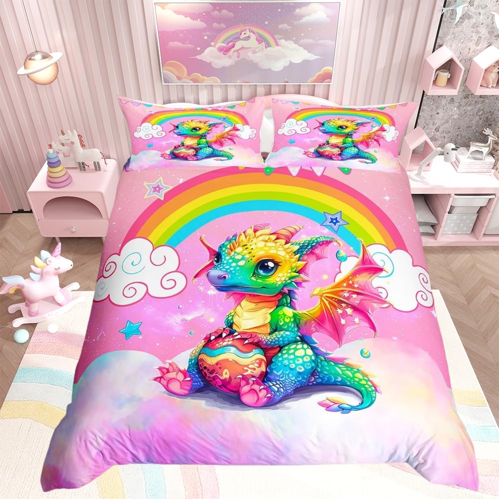 Loussiesd Kids Dragon Duvet Cover Single Size Cartoon Dragon Egg Print Bedding Set Rainbow Comforter Cover Set Pink Nebula Bedspread Cover Mysterious Outer Space Quilt Set with 1 Pillow Case 2PCS — image 1