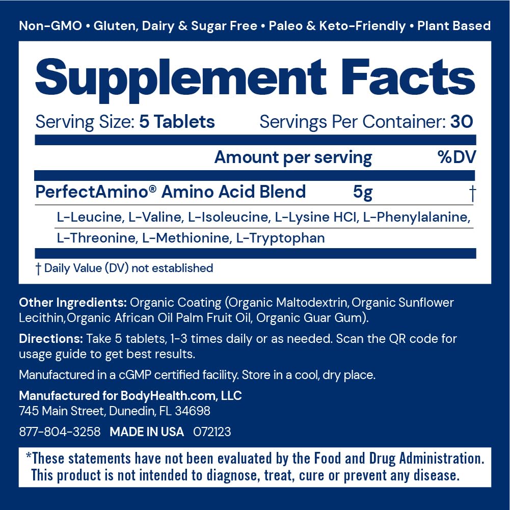 BodyHealth PerfectAmino Easy to Swallow Tablets, Essential Amino Acids Supplement with BCAAs, Vegan Protein for Pre/Post Workout & Muscle Recovery with Lysine, Tryptophan, Leucine (36 Servings)