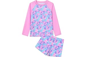 Ewbob 2 Piece Girls Rash Guard Set Long Sleeves Swimsuit Quick Dry Swimwear Beach Shorts Summer Bathing Suits for 3-12 Years