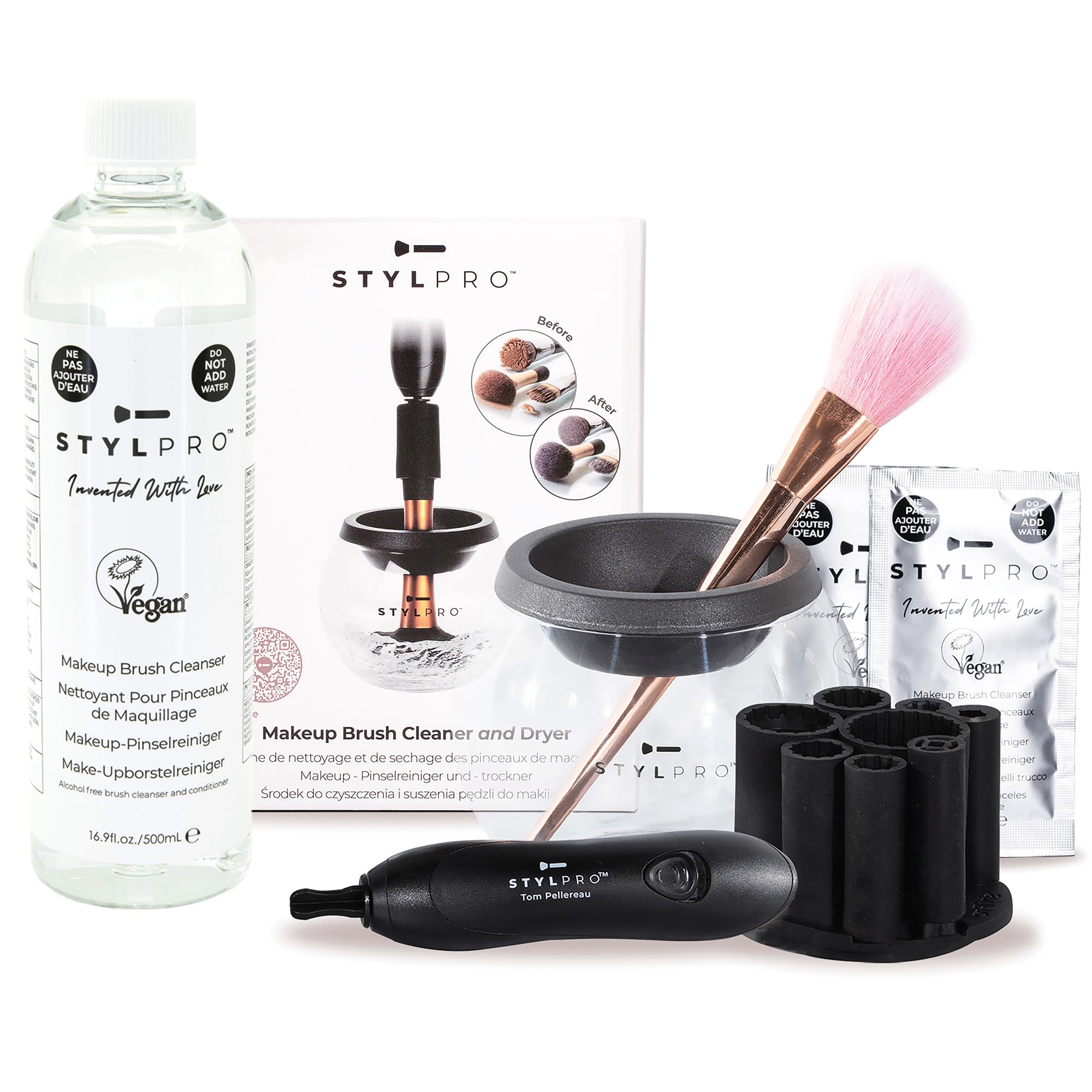 STYLPRO Premium Electric Makeup Brush Cleaner & Dryer Machine PLUS Professional Brush Cleanser (500ml), includes Spinning Device, Fits Most Brushes, Clean & Dry Brushes in Seconds, Award Winning