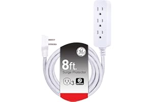 GE 3-Outlet Power Strip Surge Protector 8 Ft Braided Extension Cord with Multiple Outlets Grounded Flat Plug ETL Listed White 38433