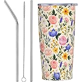 Floral Tumbler with Lid and Straw 20oz Vacuum Insulated Coffee Cup Stainless Steel Tumblers Leakproof Travel Mug Present for Women Men