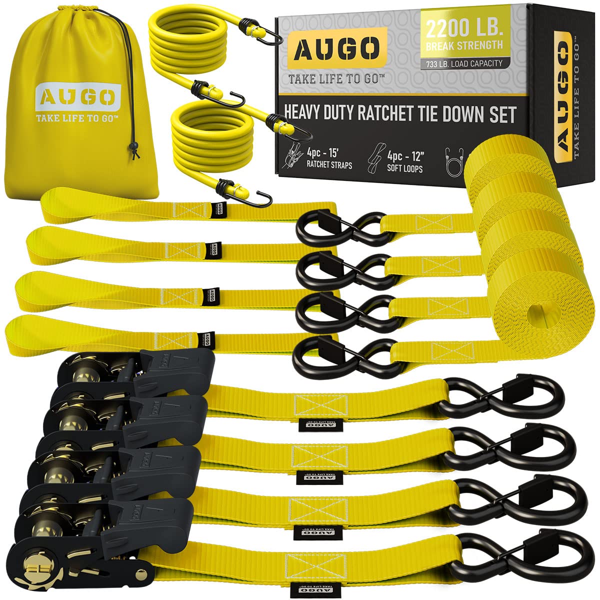 AUGO Ratchet Tie Down Straps –4 PK– 15 FT – 2,200 LB Break Strength – Safety Lock S Hooks –for Moving Cargo, Appliances, Lawn Equipment, Motorcycle – Includes 2 Bungee Cords, 4 Soft Loops, Storage Bag