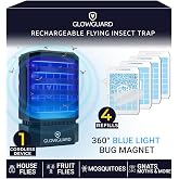 GlowGuard Cordless Flying Insect Trap Catches Fruit Flies, Indoor Gnat Killer, Magnet for Moths &amp; Mosquitos in Dark, 1 Rechargeable Trap + 4 Dual-Sided Sticky Pad Refills, 30Hr 5000mAh Battery (Black)