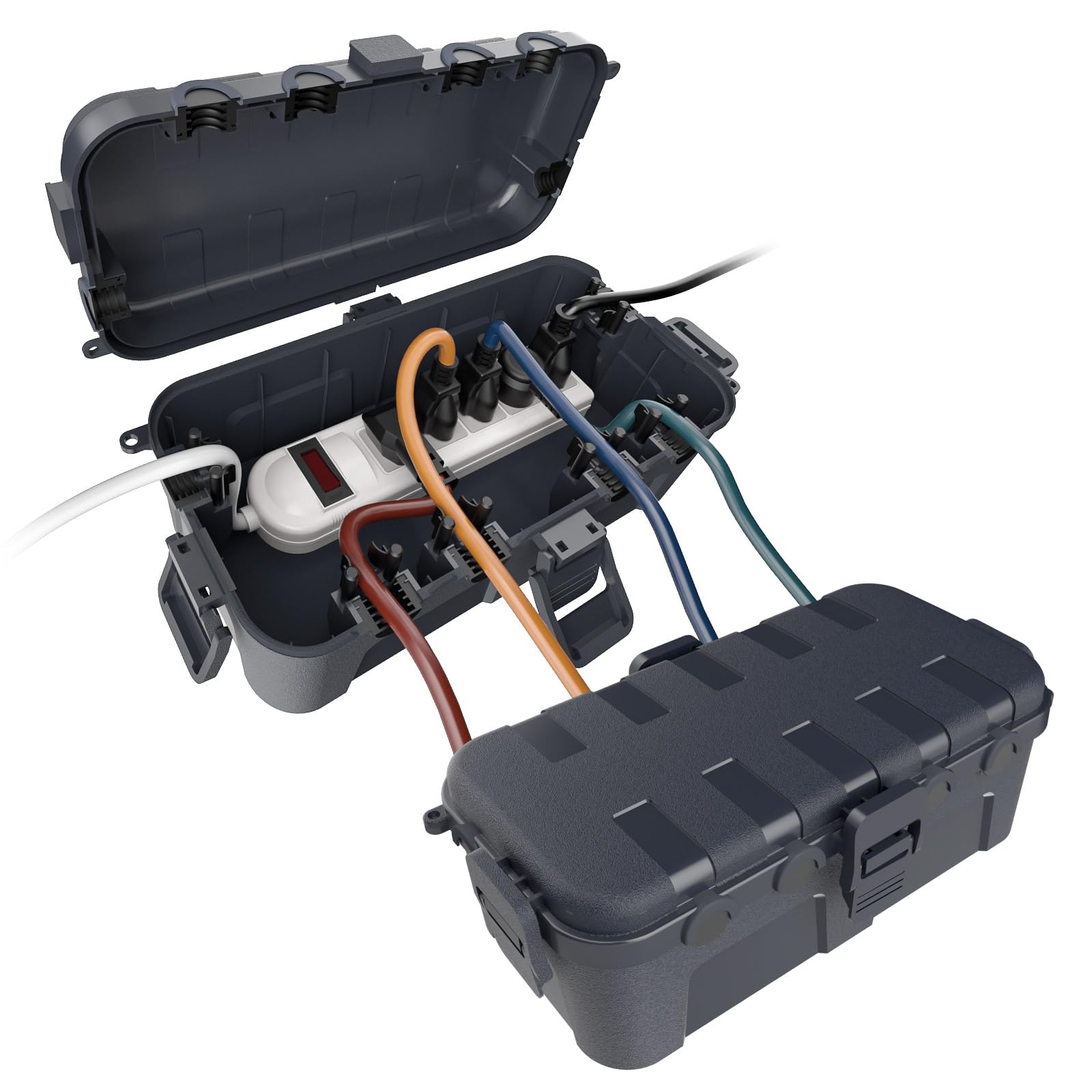 Flemoon [2 Pack] Outdoor Electrical Box Waterproof, Medium Weatherproof Electrical Box (11.5x5.2x4 inch) w/6 Cable Entry Ports, Extension Cord Cover for Power Strip, Timer, Plug, Holiday Light, Gray Image
