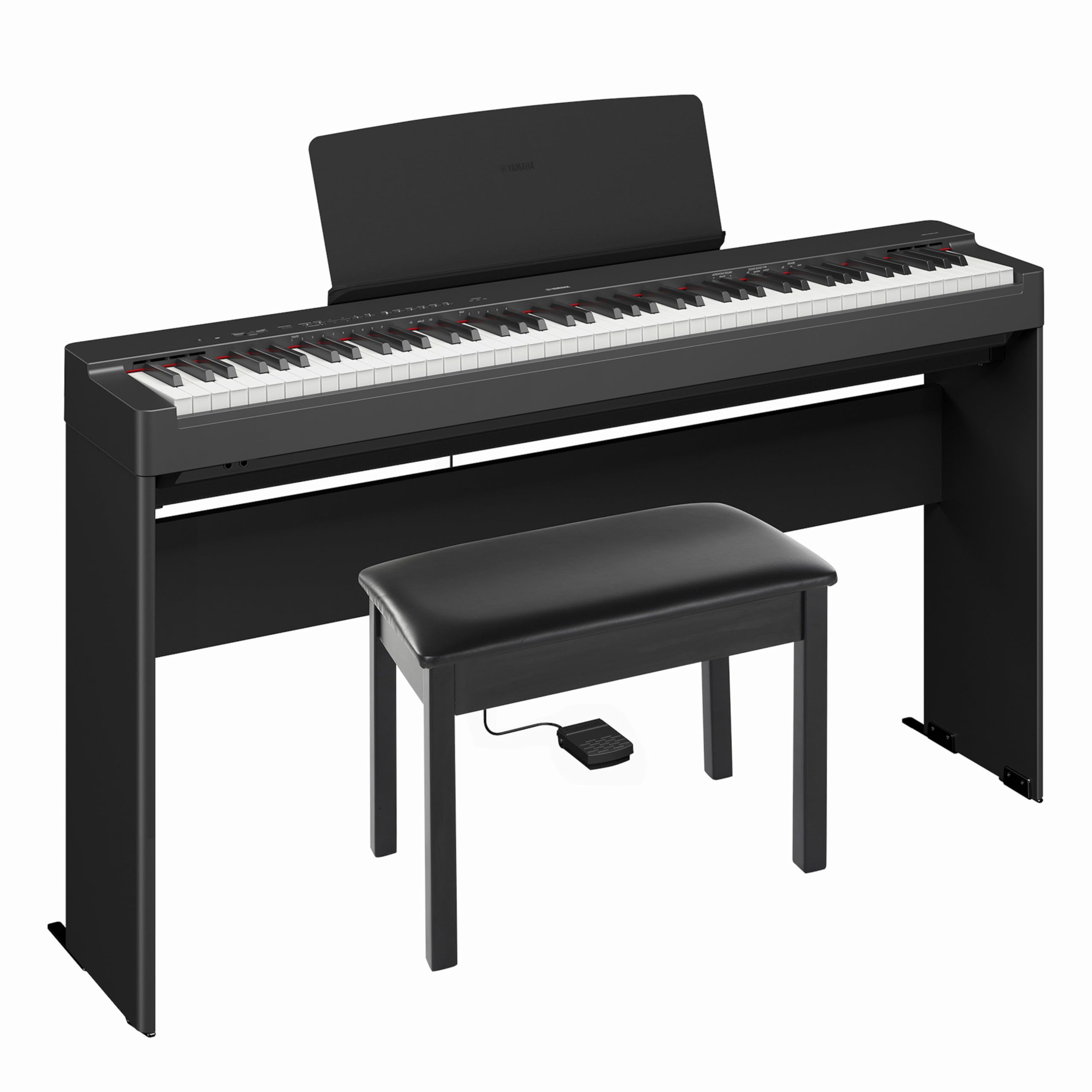 Yamaha P-225BLB Deluxe Digital Piano Bundle, Includes 88-Key Digital Piano with Weighted Keys, Stand, Standard Piano Bench, Music Rest, Sustain Foot Switch, and Built-In Speakers, Black Image