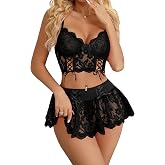 Mixxmix Lingerie for Women 3 Piece Lace Corset Tops Sexy Mini Skirt Sets | Corset side, Lace-up, Cinch waist, Mix &amp; Match, Wide band, Not scratchy, Adjustable straps, Hook &amp; Eye, Cute