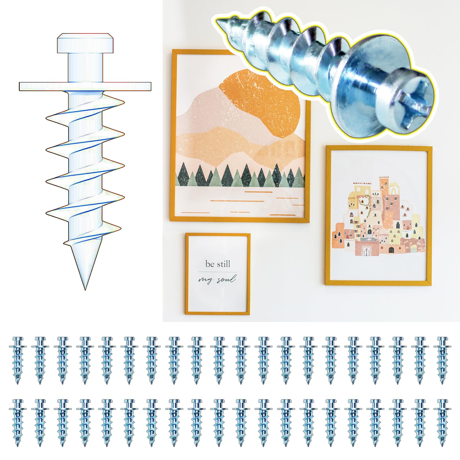 laffeya Picture Hanging Kit, Double-Headed Bear Claw Screw Hangers, Bear Claw Drywall Picture Hanger for Clocks Hanging and More Wall Art (Silver, 0.8inch)