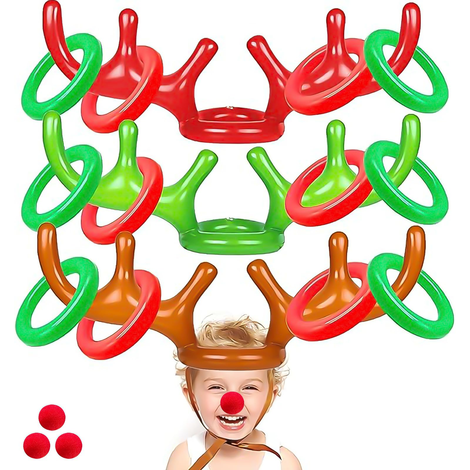 Photo 1 of ***(MISSING ANTLERS/ NOSES)***18 Pcs 3 Set Inflatable Reindeer Antler Ring Toss Christmas Party Games Kids Family Toys Stock Stuffer Christmas Activities Decorations Carnival Supplies Gifts Grandkids- 3 Antlers 12 Rings 3 Red Nose