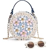 LJCTULY Kids Purse for Girls Age 1-14, Flower Purse for Kids, Blue Toddler Wallet with Round Glasses, Cute Girls Handbag, Toddler Crossbody Bag Gift for Christmas