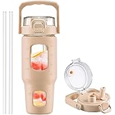 BLUEGO 32oz Glass Water Bottle with Handle and Straw|Leakproof Sports Glass Bottle with Time Marker and Silicone Sleeve|Glass Drinking Bottle for Travel, Gym, Workout, Amber