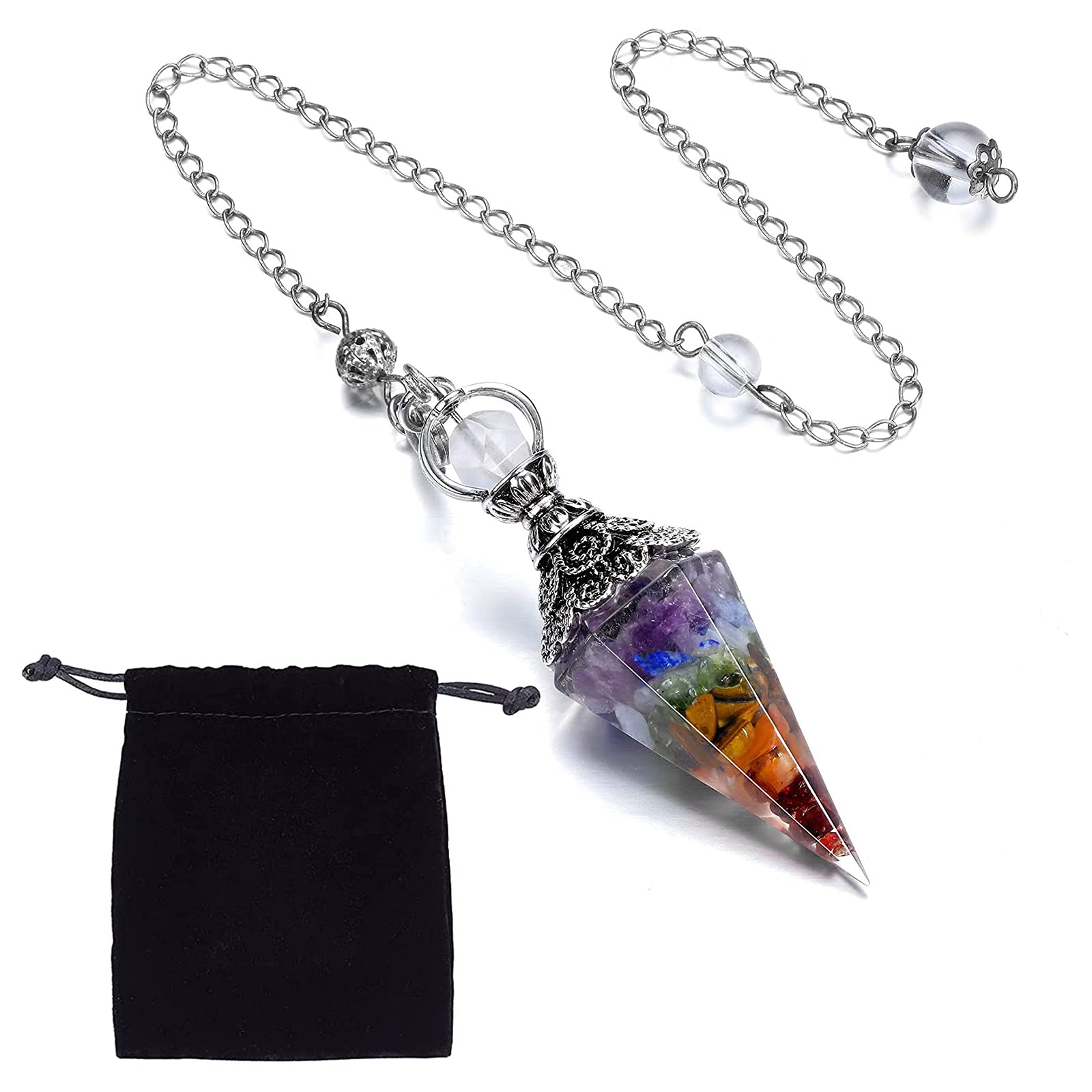 SUNNYCLUE 7 Chakra Pendulum Healing Crystal Gemstone Dowsing Pendulum Necklace with Lobster Claw Clasps & Velvet Cloth Bags for Reiki Healing Balancing Spiritual Point Pendulums Necklace