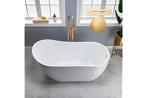 WOODBRIDGE 59" Acrylic Freestanding Bathtub Contemporary Soaking White Tub with Brushed Gold Overflow and Drain， B1530 -BG-Drain &O