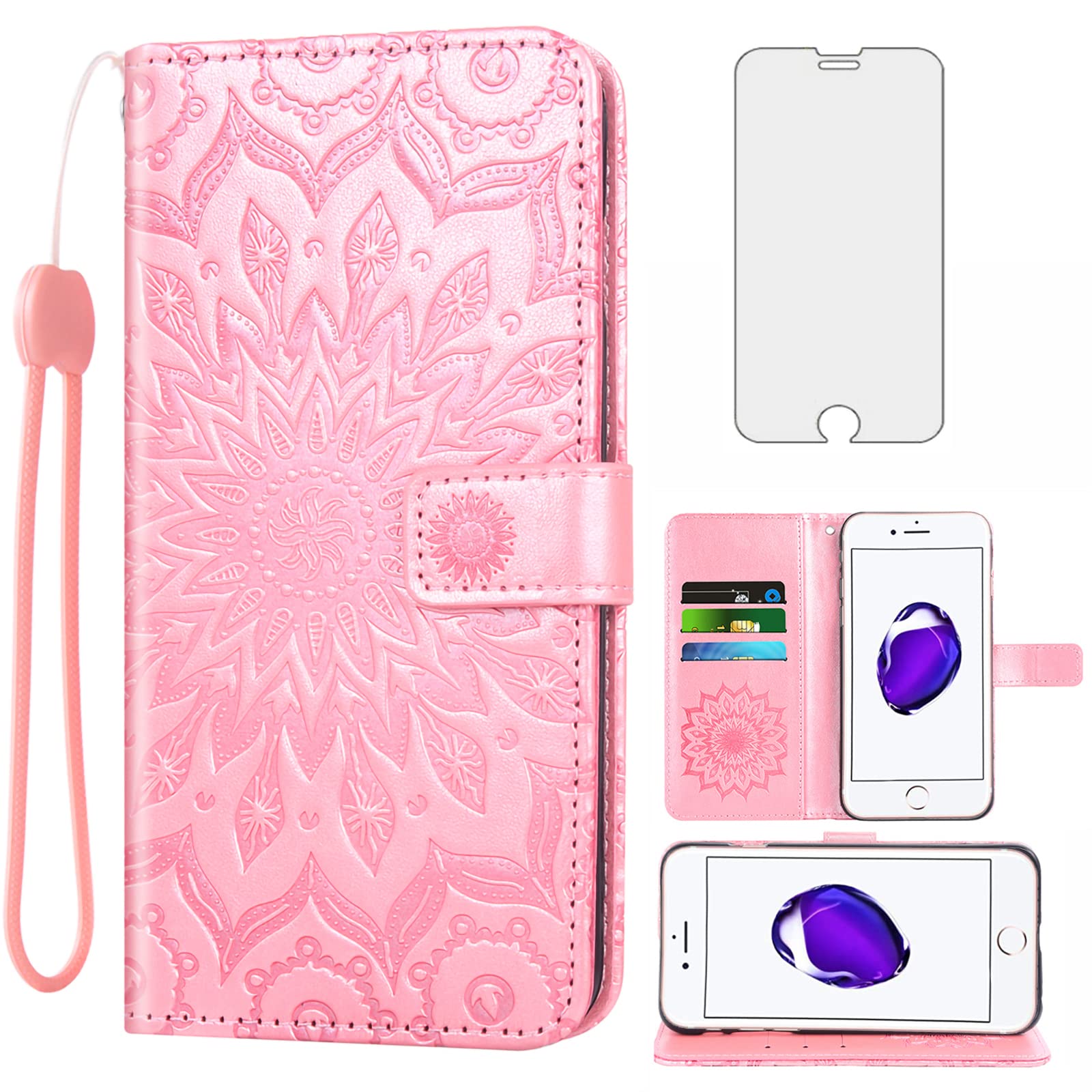 Phone Case for iPhone 7/8/SE 2020/2022 Wallet with Tempered Glass Screen Protector Leather Flip Cover Card Holder Stand iPhone7 iPhone8 SE2020 SE2022 2/2nd/3/3rd Generation SE2 SE3 Women Rose Gold