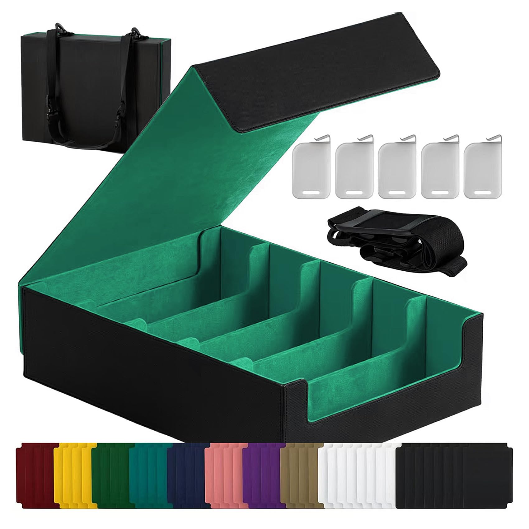 Photo 1 of **MINOR DAMAGE**
Scimi Magnetic Leather Trading Card Storage Box - 5-Row Deck Case Design, 3900+ Capacity for YuGiOh, MTG, TCG and Sports Cards, Includes 24 Colorful Dividers & 5 Card Supports (Black/Green)