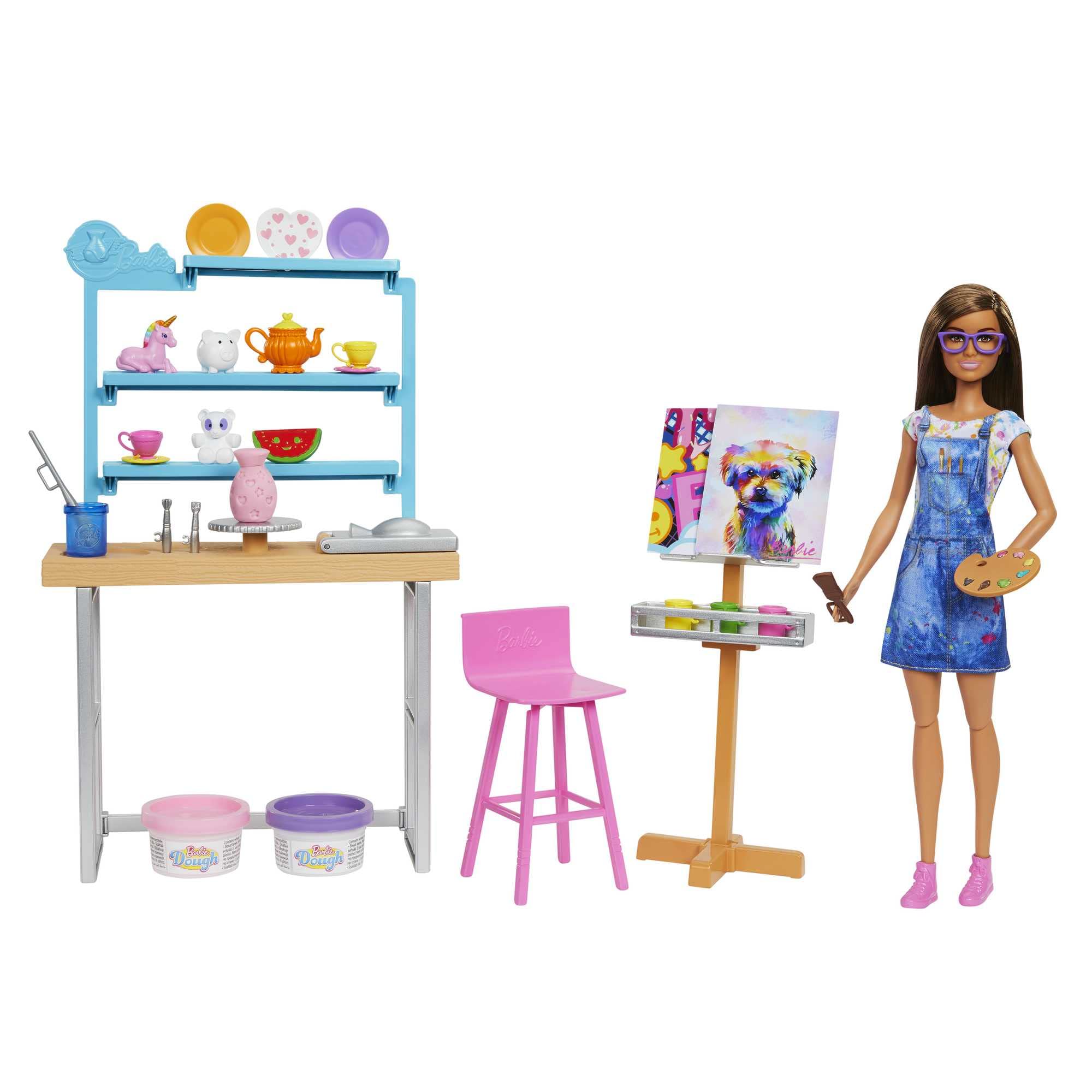 Barbie Relax and Create Art Studio, Doll (11.5 inches), 25+ Creation Accessories for Pottery Making & Painting, Kids 3 to 7 Years Old