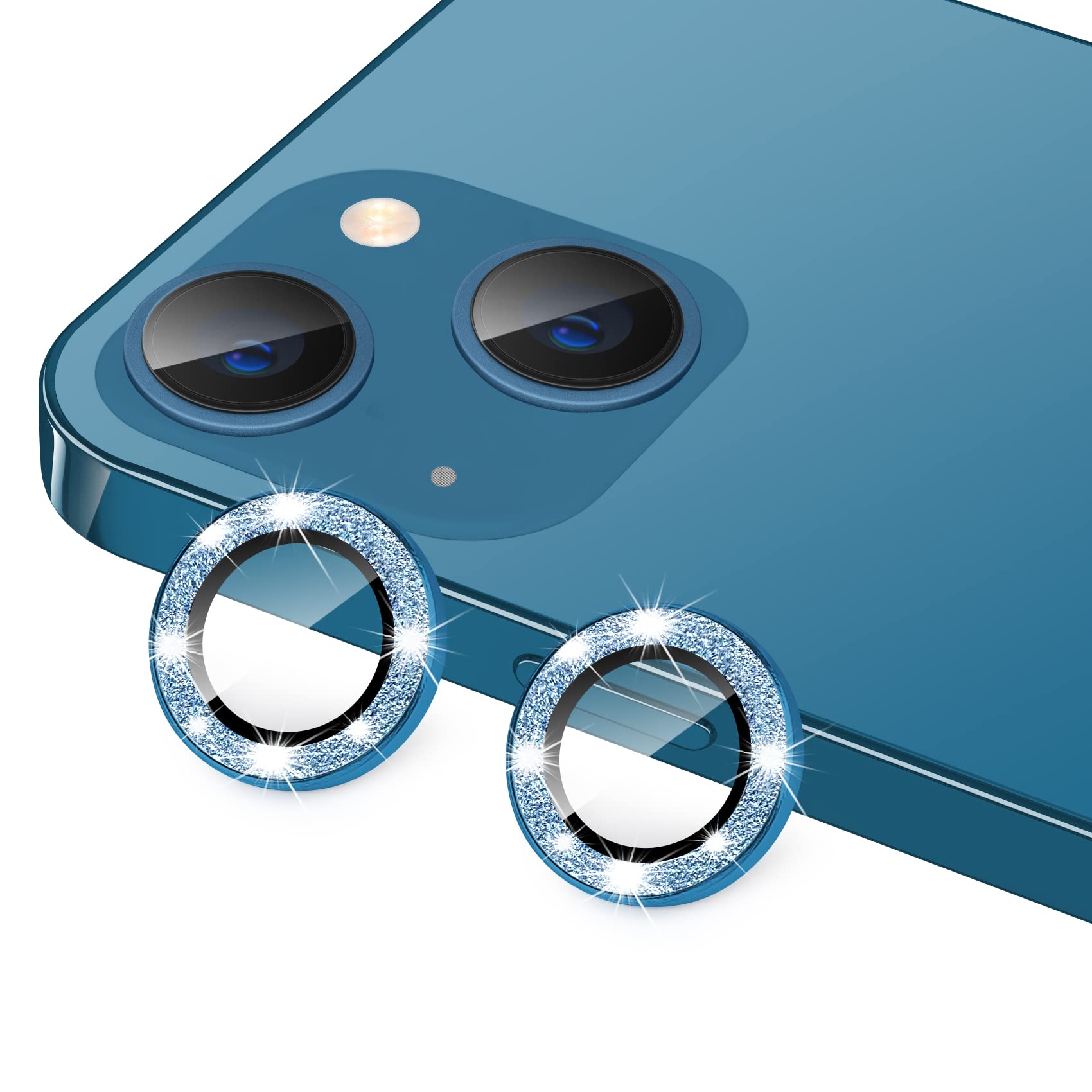 Hsefo for iPhone 13 Mini & iPhone 13 Camera Lens Protector, Bling Glitter 9H Tempered Glass Camera Cover Anti Scratch Shockproof Screen Protector Individual Ring - 2Pcs Glitter Blue