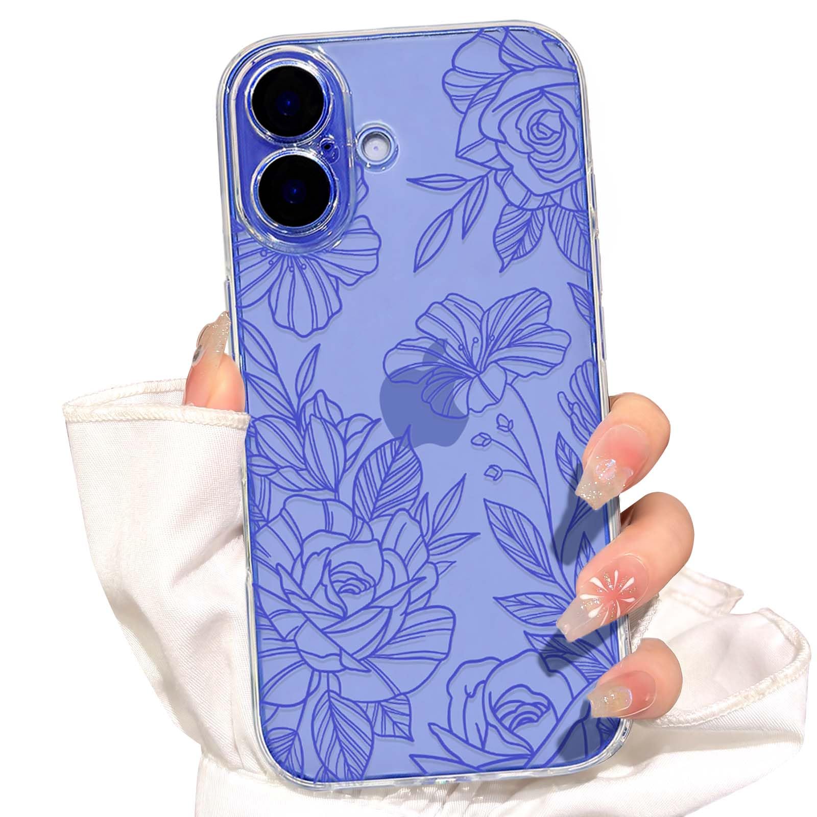 Photo 1 of NITITOP Compatible with iPhone 16 Plus Case Cute Clear Floral Flower Pattern for Girls Women Soft TPU Full Camera Lens Shockproof Protective Phone Cover - Blue