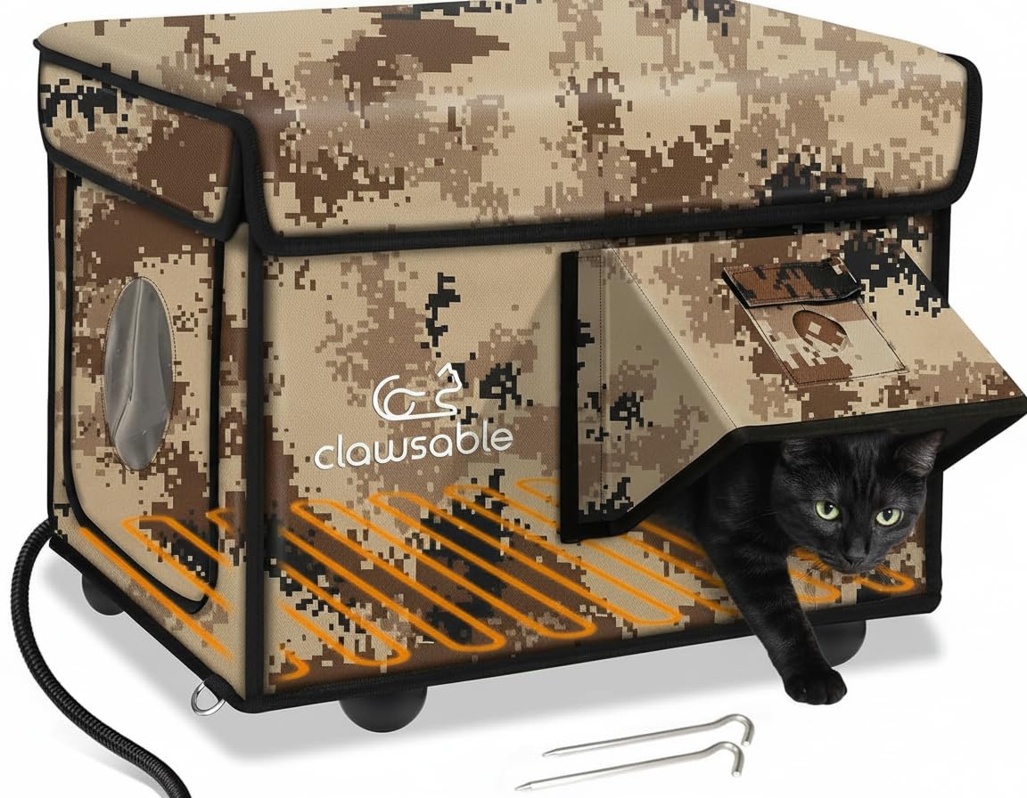 Photo 1 of Indestructible Heated Cat House for Outside Cats Winter, 100% Weatherproof, Safe Escape Door, Insulated Outdoor Cat Shelter with Heater for Feral Barn Cat Kitty (Desert Camouflage, 13"x17"x12.6")