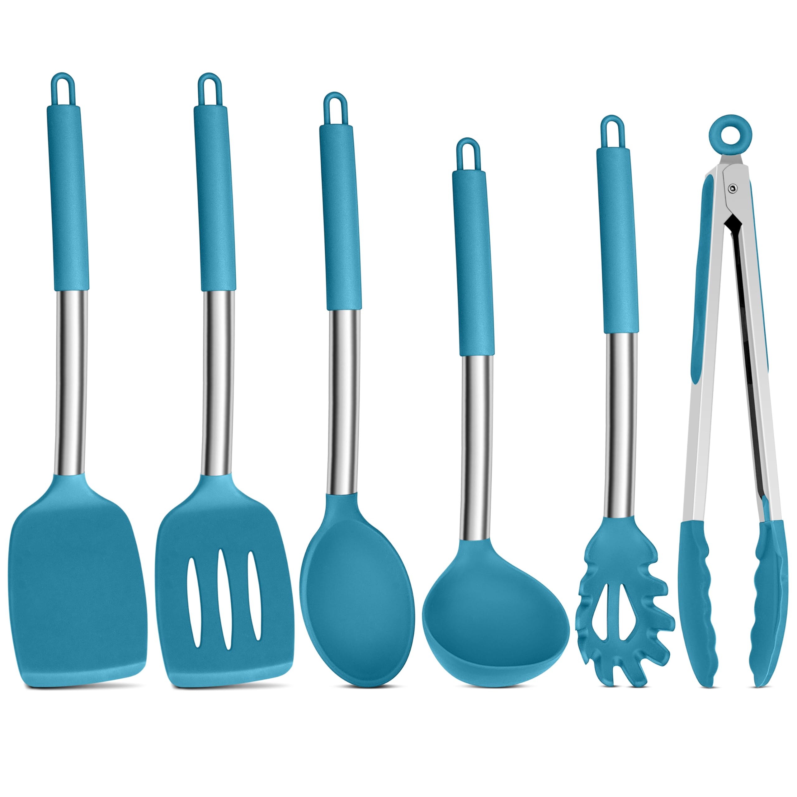 Onader 6 Pieces Kitchen Utensils Set, Silicone Cooking Utensils for Non-Stick Cookware, Heat Proof Kitchen Cooking Tools, Stainless Steel Handle & Dishwasher Safe - Dark Blue