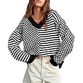 Women's Sweater Pullover Tops Knit V Neck Striped Checkered Winter Spring Long Sleeve Casual Fashion 2026 Lightweight Clothes