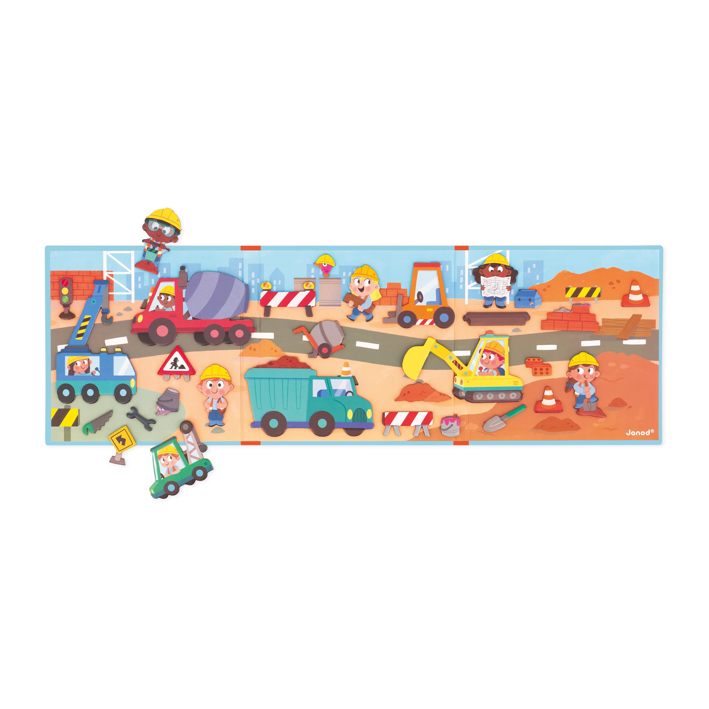 Janod - Magnéti'Stories The Building Site - 30-Magnet Educational Game - Children’s FSC Cardboard Toy - Develops Imagination & Fine Motor Skills - 3 Years +, J05454