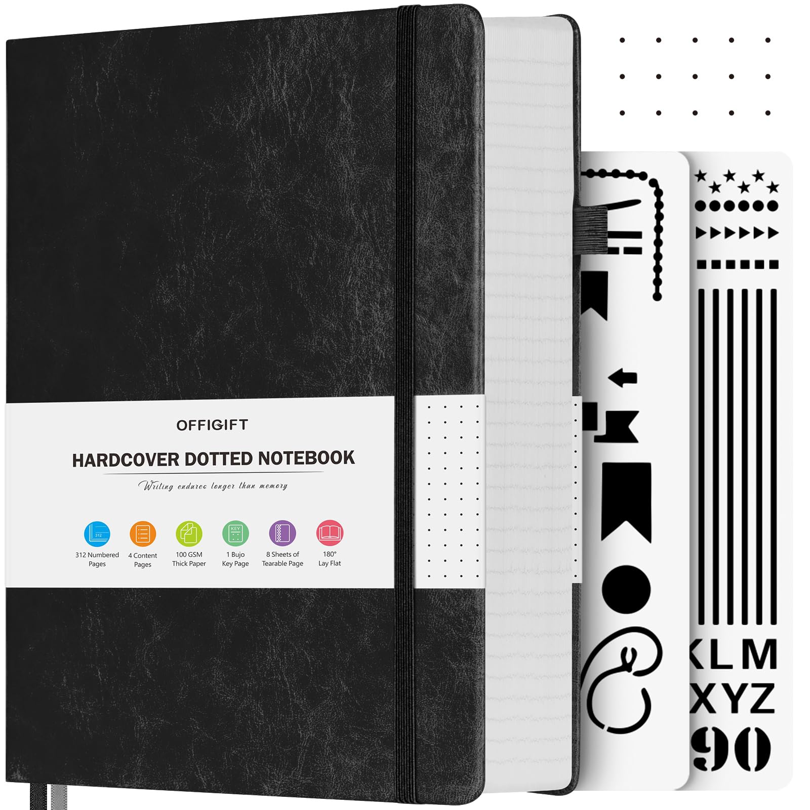 OFFIGIFT Dotted Notebook A5, 312 Numbered Pages Hardback Leather Notebook, 100gsm No Bleed Paper Dot Grid Notebook with Index Pages, Dotted Journal for Bullet Journaling, 14.5 x 21.5cm, Black — image 1